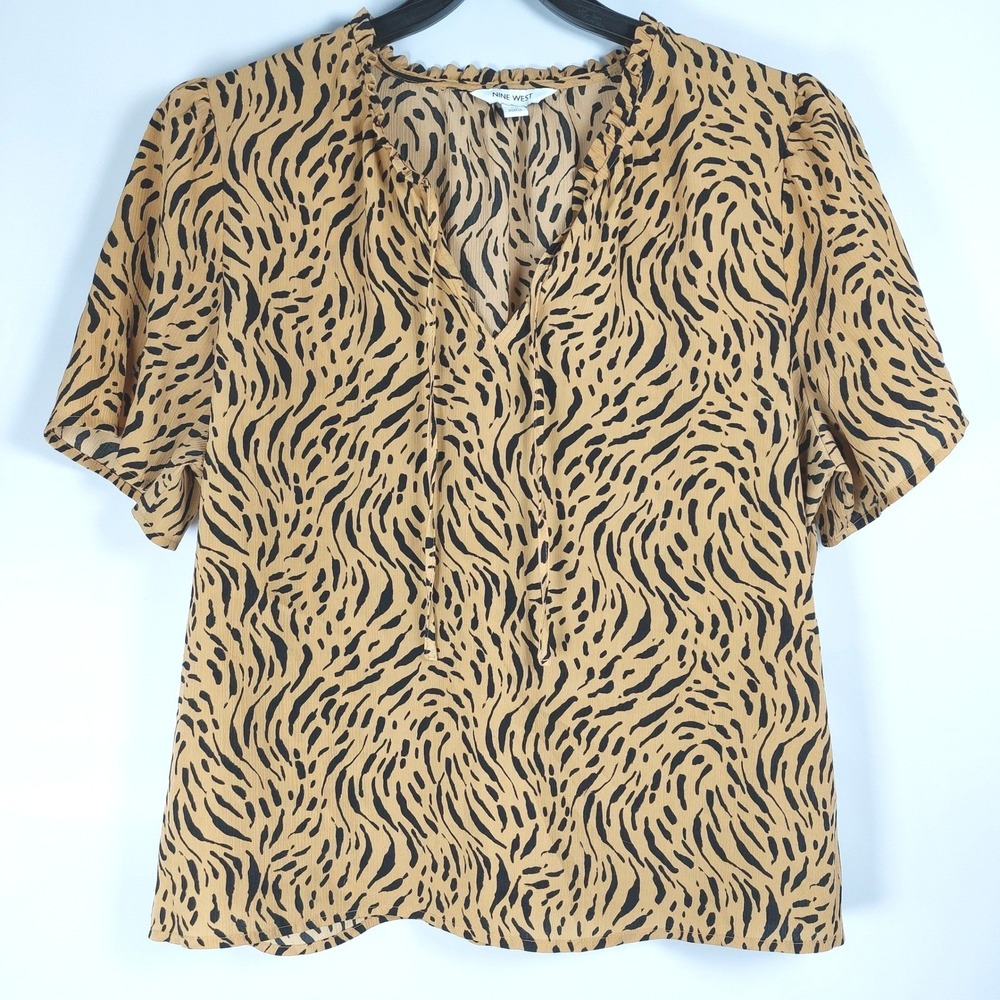 Nine West Womens XL Tan Black Tiger Stripe Animal Print‎ Ruffle Tie Neck Blouse